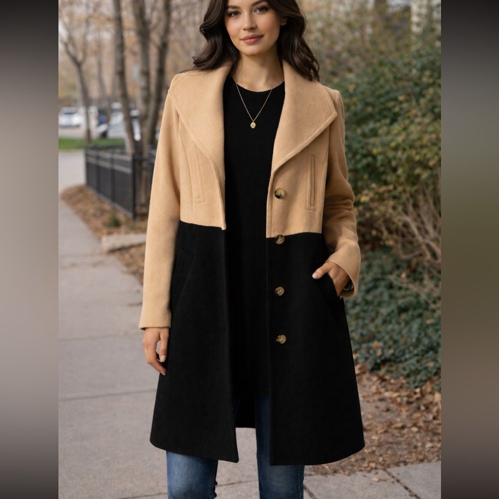ANTONIO MELANI Black and Tan Wool Blend Trench Coat size 4 colorblock